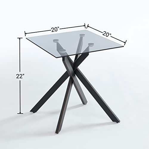 Black Square Glass Side & End Table with Grey Tempered Glass Top and Black Metal Tubular Legs with Gold Rim 20”Dx20”Wx22”H