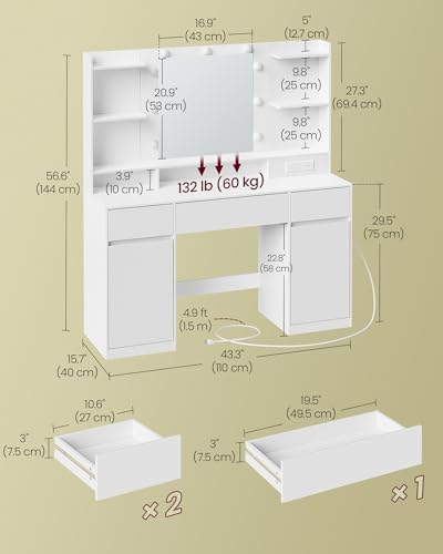 43.3 Inch Vanity Desk with Mirror and Lights