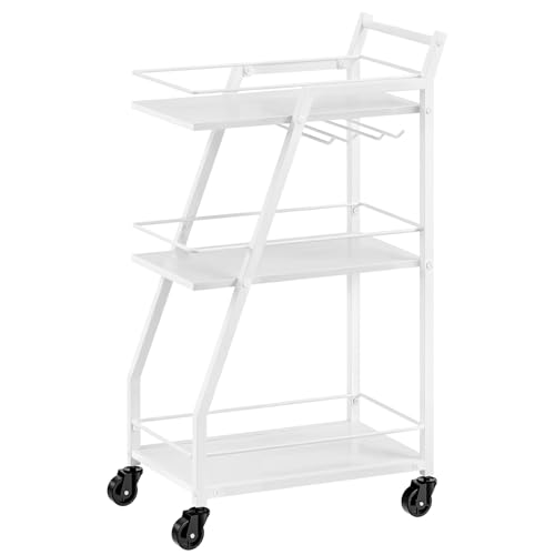 Bar Cart, 3-Tier Home Bar Serving Cart with Wheels, Drink Cart with Glass Holder, Beverage Cart, Rolling Kitchen Cart, for Home, Living Room, White and White BC03WW