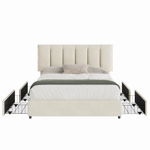 Full Size Bed Frame with 4 Storage Drawers