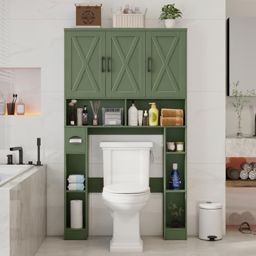 Over The Toilet Storage Cabinet with 3 Barn Doors.Green