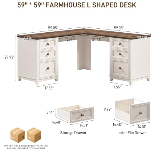 Farmhouse L Shaped Executive Desk with 6 Drawers