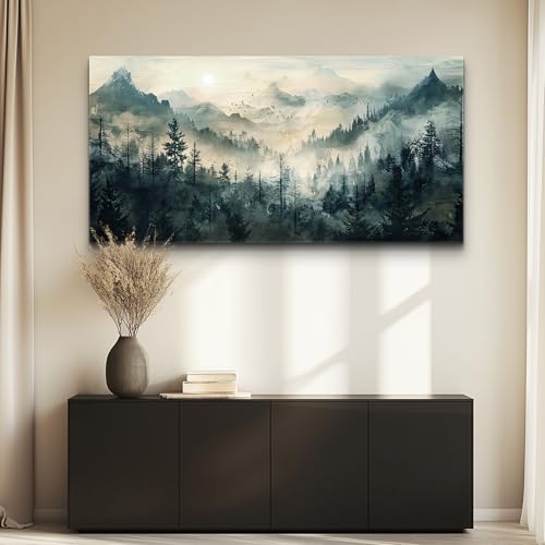 Misty Forest Wall Art Home Decor Mountain View Large Canvas Wall Painting Nature Landscape Painting For Living Room Bedroom Office Modern Printed Artwork Can Be Hung Directly 24x48 Inches