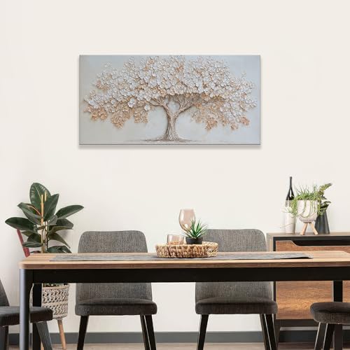 Large Canvas Wall Art Decor Beige Textured Tree of Life Canvas Art Wall Decor For Living Room Modern Decor Nature Botanical Tree Canvas Prints Artwork For Walls Bedroom Home Office Decor 24×48 Inch