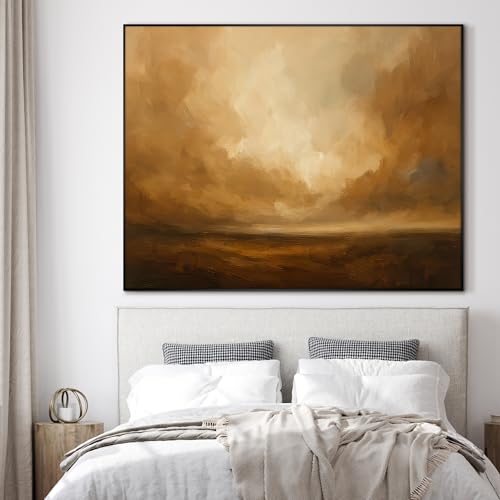 46"x60" Extra Large Framed Wall Art Golden Horizon Abstract Landscape Warm Brown and Amber Sky Illustration for Home Living Room Bedroom Decor