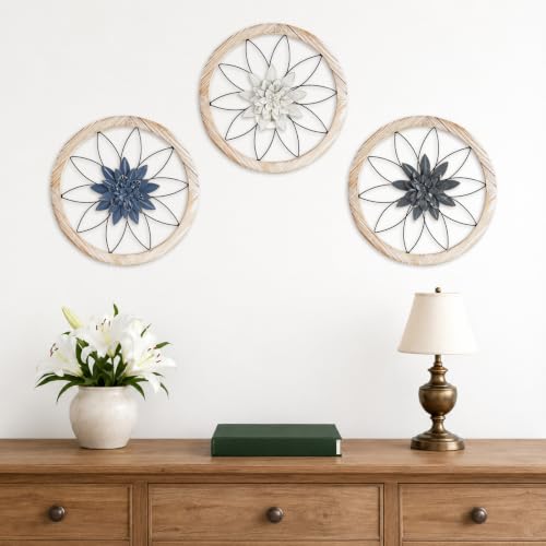 3 Piece Round Farmhouse Wall Decor with 6 Piece Interchangeable Flowers 15.75'' Medallion Wood & Metal Rustic Wall Art for Living Room Bedroom Kitchen Bathroom Dining Room Home Decorations