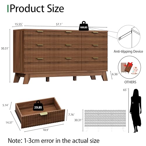 Fluted Dresser for Bedroom with 9 Drawers