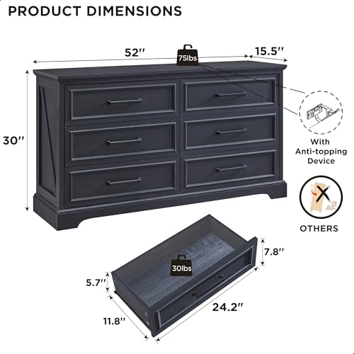 52" Wide Farmhouse 6 Drawer Dresser for Bedroom