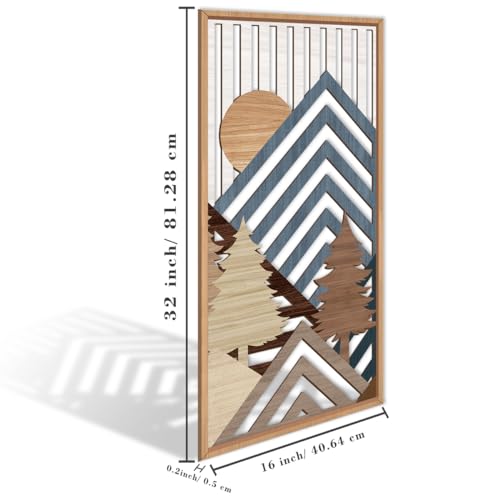 Large Mountain Wood Wall Art 16"x32"x3 Abstract Forest Wall Sculpture Geometric Boho Sunset Wilderness Artwork for Bedroom Living Room Office