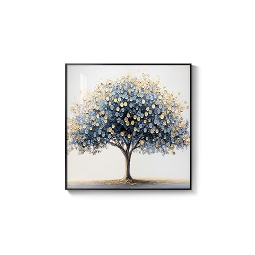 Framed Modern Luxury Blue and Gold Tree of Life Wall Art