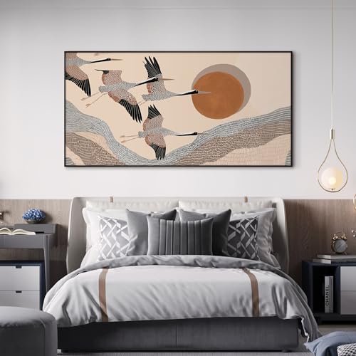 36"x72" Extra Large Framed Wall Art Flying Cranes Over Sunlit Hills Illustration for Home Living Room Bedroom