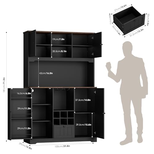 71" Kitchen Pantry Cabinet with LED Light and Charging Station