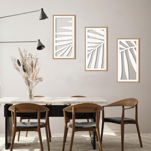 Tropical Palm Tree Leaf Wood Wall Art White Framed 8x16 Inch Set of 3 Hawaii Plant Leaves Wooden Wall Decor Minimalist Boho Artwork for Living room Bedroom Office