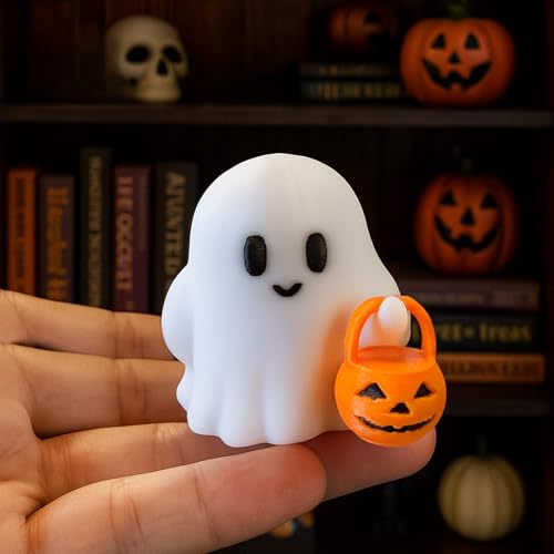 Halloween Ghost Figurines 3D Printing Halloween Table Decorations Cartoon White Spooky Carrying Pumpkin Statue Small Mini Little Ghost Figurine Holiday Table Centerpieces for Home Tabletop Decor