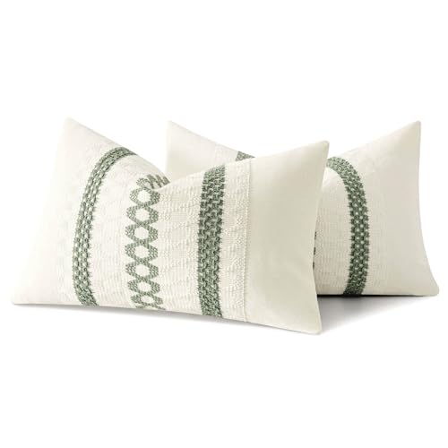 Set of 2 Sage Green Boho Decorative Lumbar Pillow Covers 12x20 Inch (2 Count)