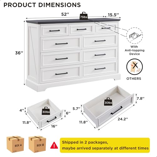 52" Wide Farmhouse 9 Drawer Dresser for Bedroom
