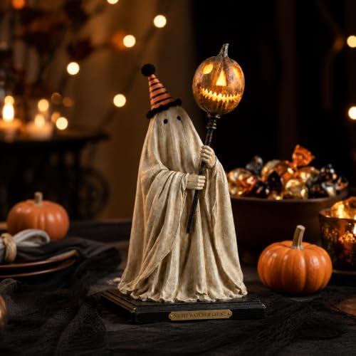Halloween Ghost Figurine with Pumpkin Lantern Spooky Tabletop Statue Haunted House Decor for Shelf Mantel Entryway Party Desk Home Halloween Seasonal Indoor Decoration Display