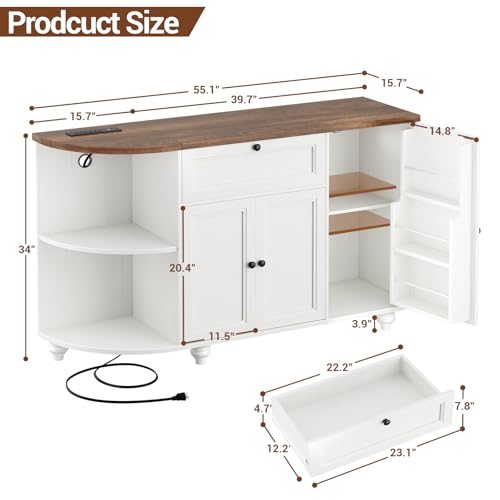 55" White Farmhouse Coffee Bar Cabinet with Charging Station