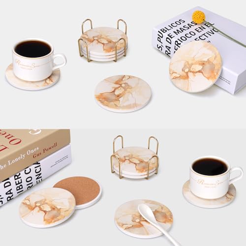 6 Pcs Gold Marble Abstract Ceramic Coasters with Holder for Coffee Table (6 Count)