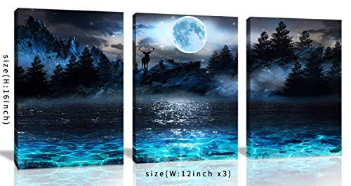 Wall Decorations For Living Room Moon Deer Ocean Landscape Picture Teen Room Decor Wall Art For Bedroom Modern Decor 3 Piece Framed Ready To Hang Moon Wall Art 3 Piece Wall Art Size 12x16 Each Panel