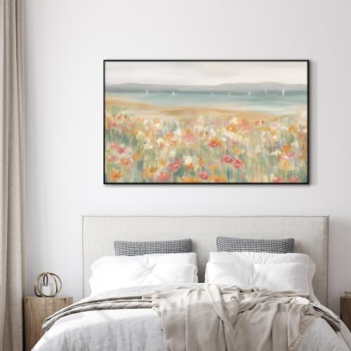 36"x60" Extra Large Framed Wall Art Coastal Flower Field with Sailing Boats Serene Landscape Illustration for Home Living Room Bedroom Decor