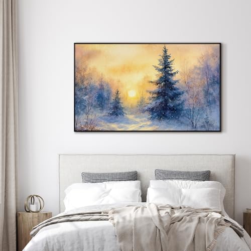 30"x60" Extra Large Framed Wall Art Winter Sunrise in Snowy Pine Forest Watercolor Style for Home Living Room Bedroom Decor