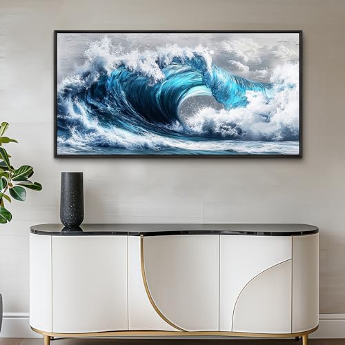 Large Canvas Blue Wave Paintings Wall Art For Living Room Wall Decoration For Bedroom Ocean Wall Pictures Printing Office Decorations Posters Modern Home Decor Black Framed 30x60 In