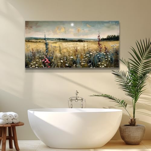 Wall Art Canvas Retro Flower Picture Wall Decor For Living Room Restaurant Natural Landscape Painting Grass Flower Printed Artwork For Bedroom Farmhouse Office Home Decoration 20"X40"