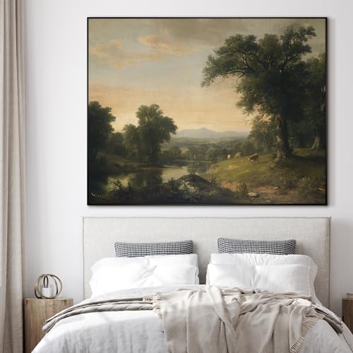 60"x72" Extra Large Framed Wall Art Classic River Valley Landscape Vintage Style Countryside Illustration for Home Living Room Bedroom Decor