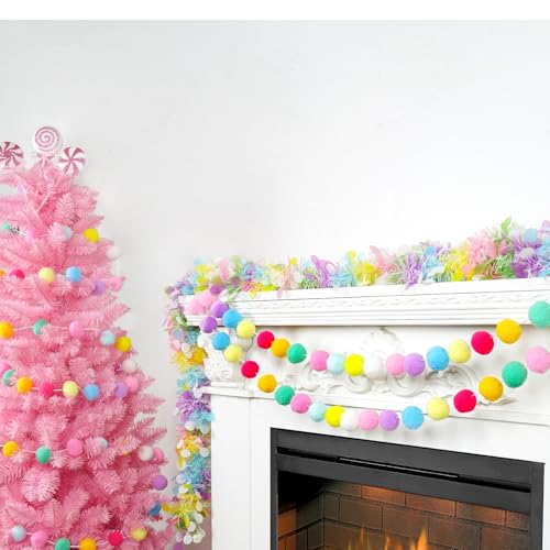 2pk Pom Pom Garland Party Decorations 13FT Colorful Large Felt Ball Garland Macaron Tree Decorations for Mantle (26 Foot)