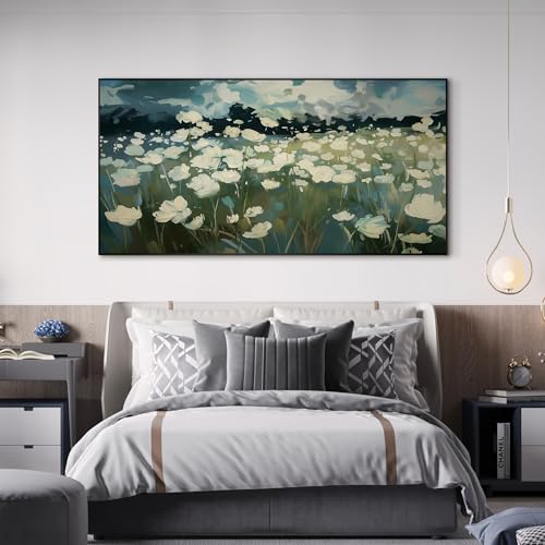 36"x72" Extra Large Framed Wall Art White Wildflower Field in Impressionist Style