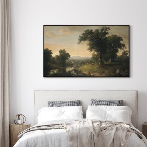 36"x60" Extra Large Framed Wall Art Classic River Valley Landscape Vintage Style Countryside with Trees and Cows Illustration for Home Living Room Bedroom Decor