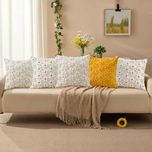 Spring Summer Pillow Covers 20x20 inch Set of 2 White Rust Daisy (2 Count)
