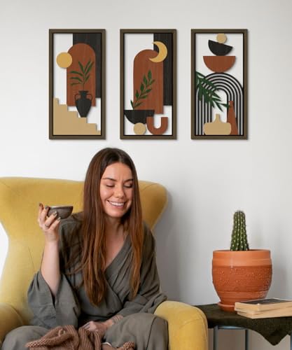 Boho Wall Art Set of 3 Modern Minimalist Wooden Wall Decor Abstract Terracotta Room Decorations Mid Century Artwork for Living Room Bedroom Office in Terracotta Noir 16.5 x 8.6 Inch (3 Count)