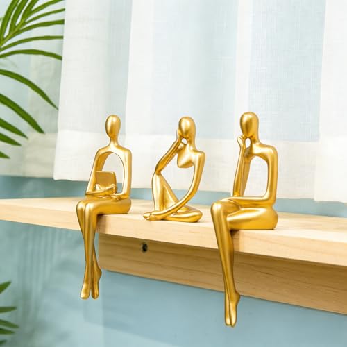 Abstract Gold Reading Thinker Statues for Book Shelf Office (3 Count)