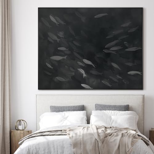 60"x72" Extra Large Framed Wall Art Monochrome Fish Silhouettes Illustration for Home Living Room Bedroom Decor
