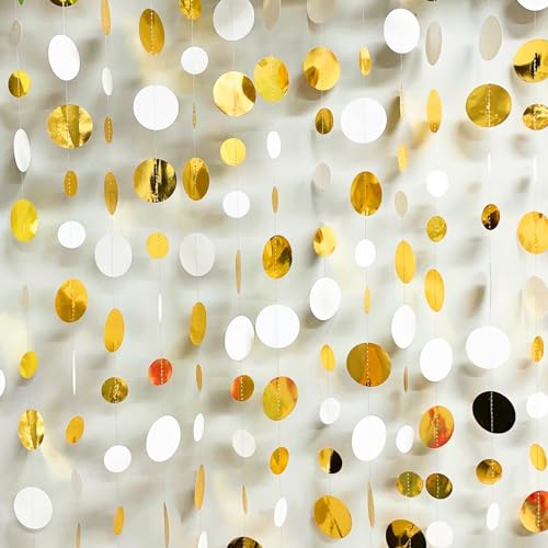 46 Feet White and Gold Circle Dots Garland Hanging Paper Polka Dots Streamer for Birthday Bachelorette Engagement Anniversary Wedding Bridal Shower Christmas Holiday Party Decorations Supplies