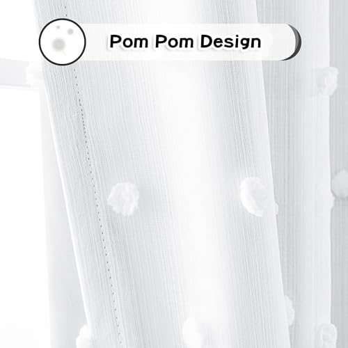 100% Blackout Curtains for Living Room White Curtains 95 Inch Long Light Block Girls Room Drapes Thermal Insulated Room Darkening Curtains with Pom Pom Sheer Grommet 2 Pieces 50W x 95L (30 Count)