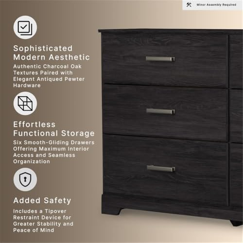 Belachime 6 Drawer Black Wood Bedroom Dresser