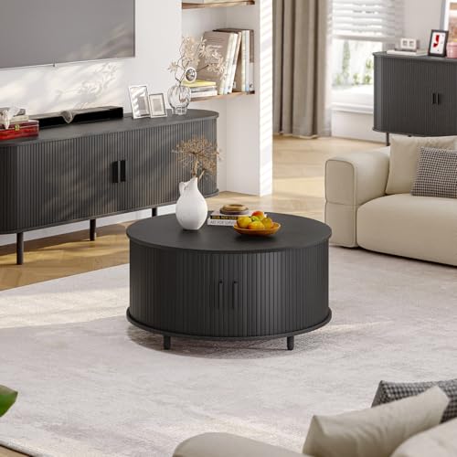 31.5" Round Coffee Table with Storage Adjustable Footpads