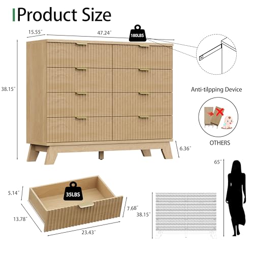 Fluted Dresser for Bedroom with 8 Drawers