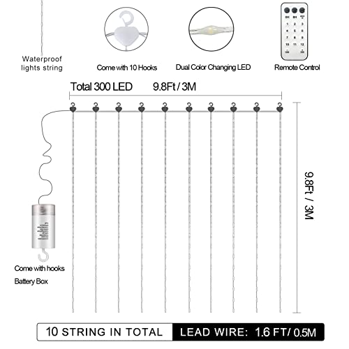 9.8Ft x 9.8Ft Curtain Lights Battery Operated 2 Color Changing (300 Count)
