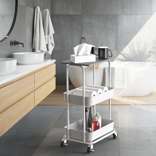 2 Tier Rolling Utility Cart Wood Top