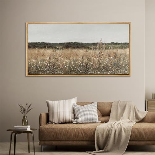 Extra Large Framed Canvas Print Wall Art Misty Morning Meadow with Wildflowers Antique Retro Fine Art Illustrations Decorative Colorful for Bedroom