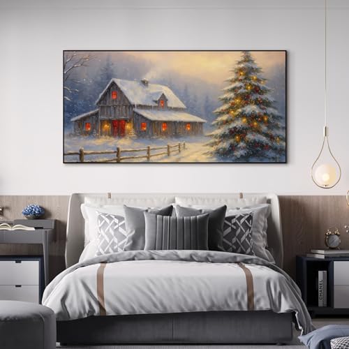 36"x72" Extra Large Framed Wall Art Rustic Winter Cabin with Christmas Tree and Snowy Landscape for Home Living Room Bedroom Decor