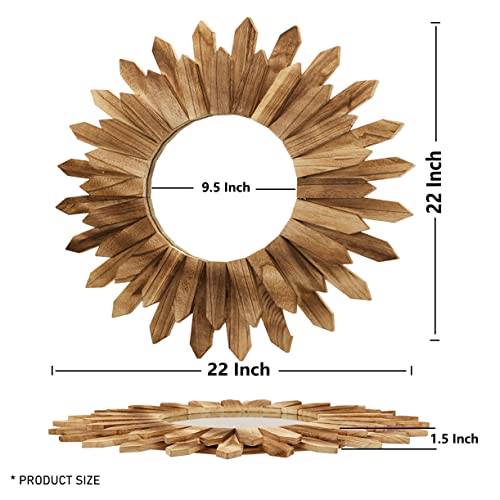 2 Pack 22 Inch Boho Wall Sunburst Mirror Rustic Round Wood Decorative Mirror Boho Wall Art Decor for Entryway Bedroom Living Room (2 Count)