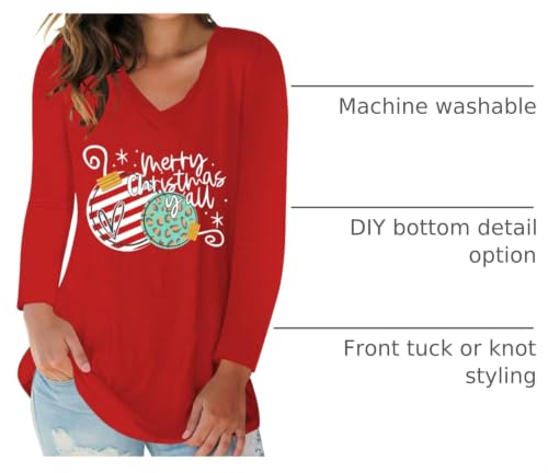 Womens Christmas Tops Long Sleeve Graphic Tee Loose Casual Fall Shirts Lightweight V Neck Pullover Red L