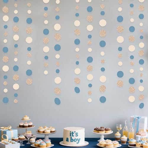Champagne Gold Dusty Blue Beige Circle Dot Garland Hanging Paper Polka Dot Streamer for Men Birthday Wedding Bridal Shower Retirement Engagement Bachelorette Party Decorations Supplies