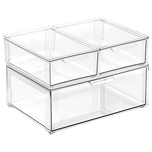 Plastic Stackable Closet Storage Organizer Bin Containers with Front Pull Drawer for Cabinet (3 Count)