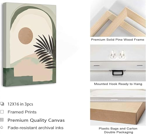 3 Pcs Mid Century Modern Boho Abstract Canvas Wall Art 16x24in (3 Count)